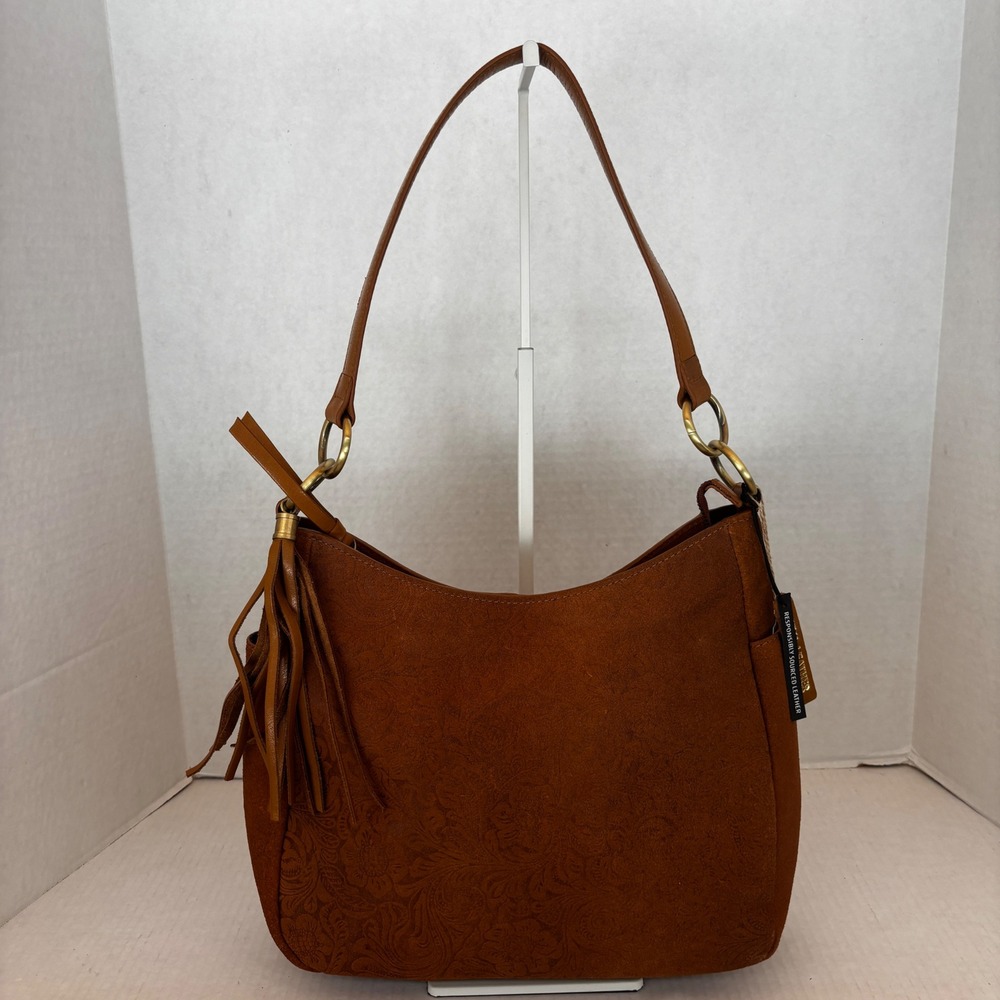 Écotorie Bleu Hobo Bag Womens Large Brown Suede Floral Embossed Tassel NEW